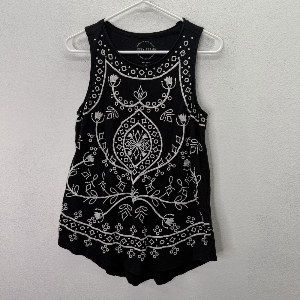 Lucky Brand Womens M Black White Floral Knit Boho High Neck Tank Top 100% Cotton